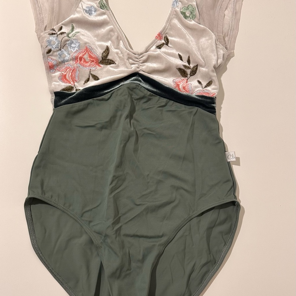 Class In DancewearFloral Embroidered Green Leotard